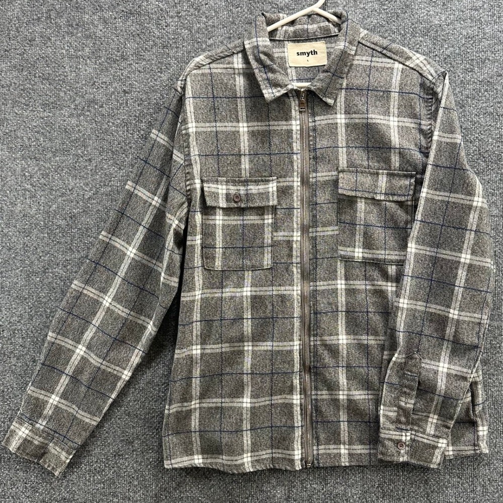 Smyth Mens Large Grey Plaid Full Zip Flannel Shirt Jacket Long Sleeve Shacket